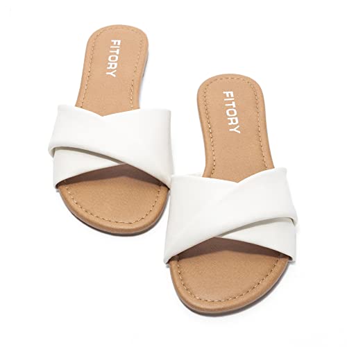 FITORY Women's Flat Sandals Fashion Slides With Soft Leather Slippers for Summer White Size 8