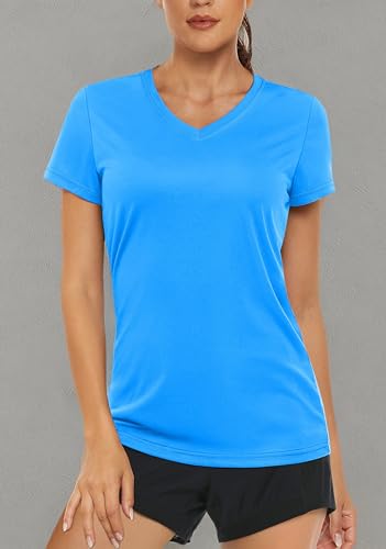 MAGCOMSEN Womens Lightweight T-Shirt Short Sleeve Shirts Sun Proof Baselayer Shirts Gym Running Sportswear Active Shirts Azure L