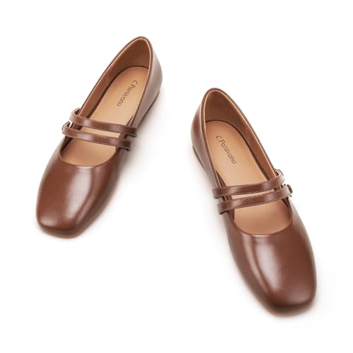 C.Paravano Women's Flats | Women's Mary Jane Flats | Square Toe Shoes | Genuine Leather | Dress Shoes with Straps(Size 9,Brown)