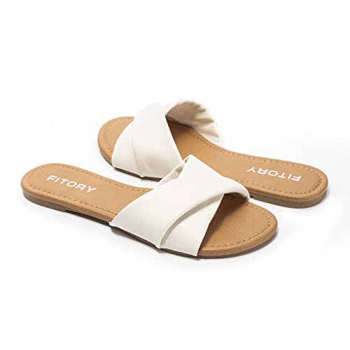 FITORY Women's Flat Sandals Fashion Slides With Soft Leather Slippers for Summer White Size 8