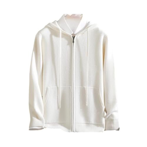 Mens 100 Percent Cashmere Zip Hoodie Winter Knitted Cardigan Kangaroo Pocket Smart Casual Thick Warm Jacket White
