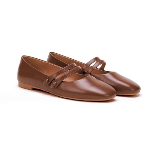 C.Paravano Women's Flats | Women's Mary Jane Flats | Square Toe Shoes | Genuine Leather | Dress Shoes with Straps(Size 9,Brown)