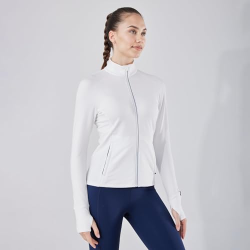 MUMANAIXI Women's Slim Fit Workout Jacket – Full Zip with Thumb Holes, Stretchy Sportswear Fabric for Running, Yoga, and Fitness (US, Alpha, Large, Regular, Regular, White)