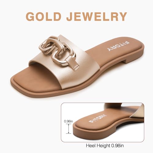 FITORY Women's Flat Sandals Fashion Slides With Soft Leather Slippers for Summer Gold Size 8