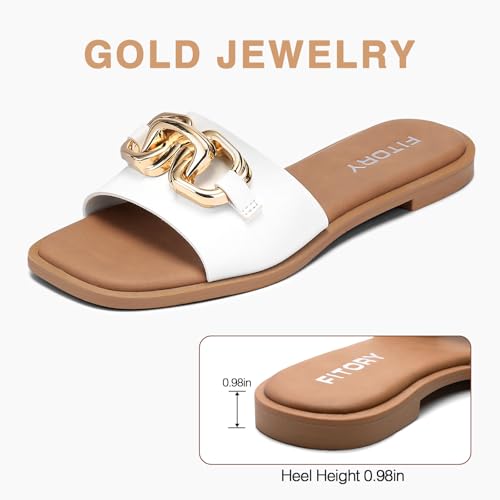 FITORY Women's Flat Sandals Fashion Slides With Soft Leather Slippers for White Summer Size 6