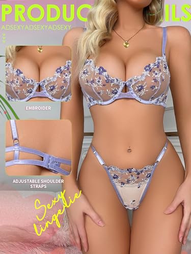 ADSEXY Sexy Lingerie for Women Embroidery Floral Mesh Sheer Bra and Panty Sets Push Up Lace Bralette 2 Piece Lingerie Set Light Purple