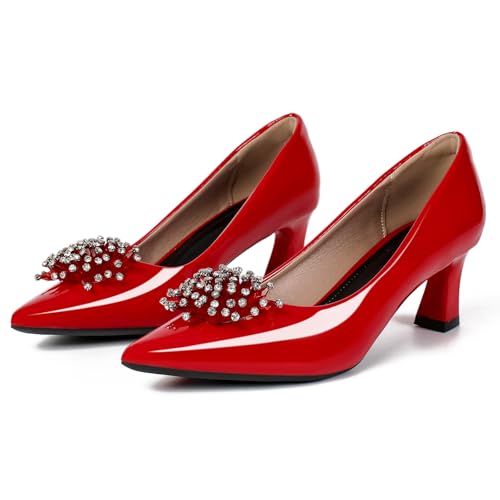 Women's Pumps Pointed Toe Slip On Shoes for Women Rhinestone Dress Pumps Shoes Comfortable Kitten Heels Elegant Pumps Red Size 8