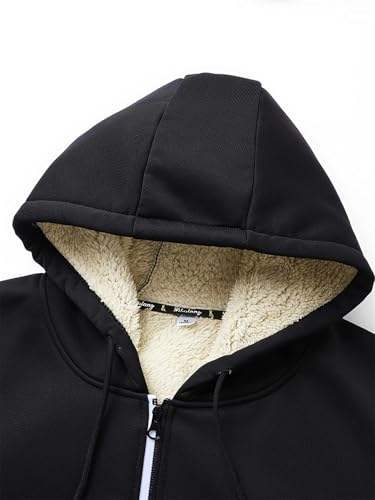 ERFMFKL Men Lambswool Zipper Thicken Warm Jackets Long Sleeve Sweatshirts Sports Fleece Black Hooded Coat