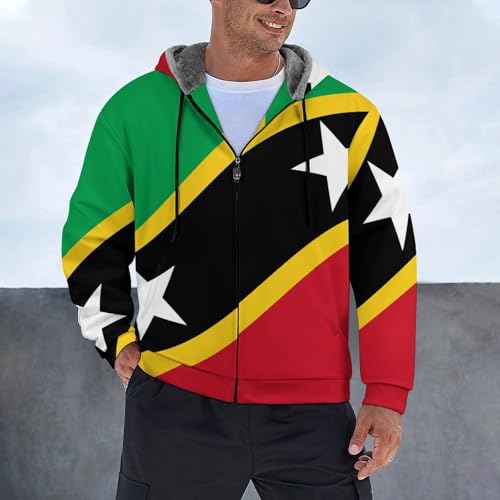 WunM Studio Fleece Jacket Thick Hoodie,Men Zipper Transition Jacket Pocket, 3D Printed Saint Kitts and Nevis Flag coat