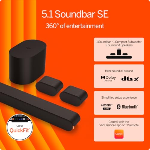 VIZIO 5.1 Soundbar SE, Wireless Subwoofer, Surround Sound w/Dolby Atmos & DTS:X, Bluetooth Speaker, QuickFit™ Compatible – SV510X-08 (New, 2024 Model)