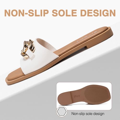 FITORY Women's Flat Sandals Fashion Slides With Soft Leather Slippers for White Summer Size 6