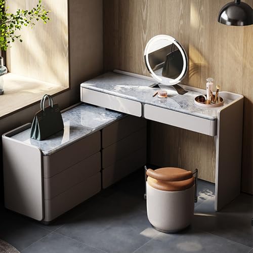 YZABEL L Shaped Vanity Desk with Storage Cabinets and 2 Drawers, 47" Natural Marble Top Dressing Table with Smart Mirror and Makeup Stool for Makeup Room, Home Office, Bedroom