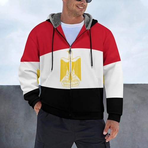 WunM Studio Fleece Jacket Men Thick Hoodie, Warm Jacket, Zipper Transition Jacket Pocket Jackets, 3D Printed Egypt Flag coat