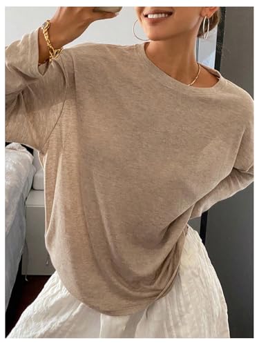 Milumia Women's Sheer Long Sleeve Oversized Tops Drop Shoulder Casual Tee T Shirts Brown Small