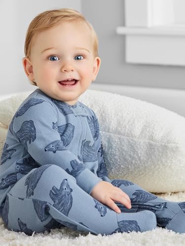 Simple Joys by Carter's Baby Boys' 2-Way Zip Thermal Footed Sleep and Play, Pack of 2, Dusty Blue Bear/Ivory Dinosaur, 0-3 Months