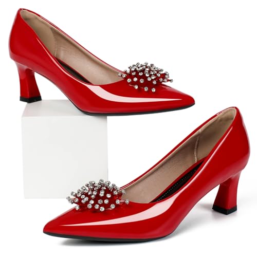 Women's Pumps Pointed Toe Slip On Shoes for Women Rhinestone Dress Pumps Shoes Comfortable Kitten Heels Elegant Pumps Red Size 8