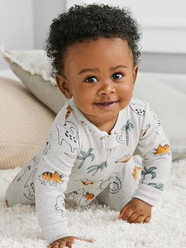 Simple Joys by Carter's Baby Boys' 2-Way Zip Thermal Footed Sleep and Play, Pack of 2, Dusty Blue Bear/Ivory Dinosaur, 0-3 Months
