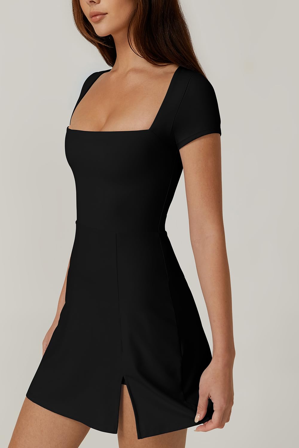 QINSEN Tennis Dress for Women Square Neck Short Sleeve Active Workout Dress Built in Shorts Black M