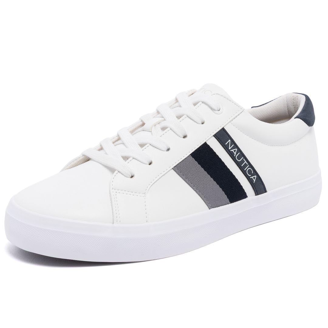 Nautica Men’s Low Top Casual Sneakers – Classic Lace-Up Tennis Shoes with Comfort Insole and Durable Rubber Sole-Aland-White Navy Grey Size-9.5