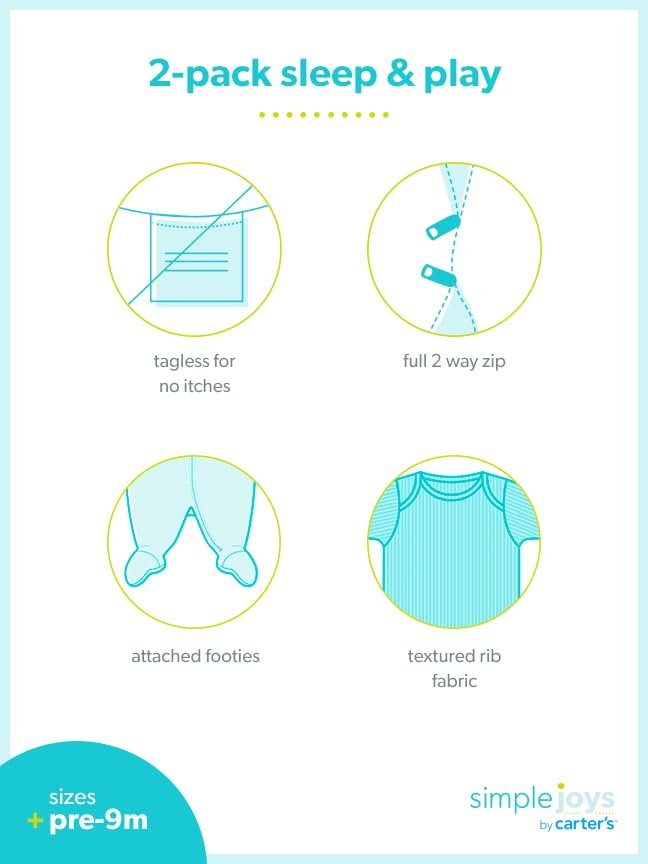 Simple Joys by Carter's Baby Boys' 2-Way Zip Thermal Footed Sleep and Play, Pack of 2, Dusty Blue Bear/Ivory Dinosaur, 0-3 Months