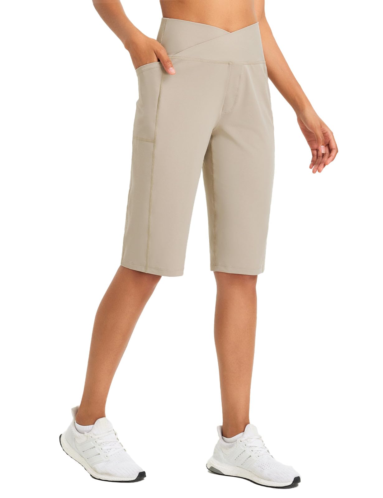 baleaf Women's Bermuda Long Shorts 14" Knee Length Capri Pants High Waisted Athletic Shorts with Pockets Summer Casual Khaki M