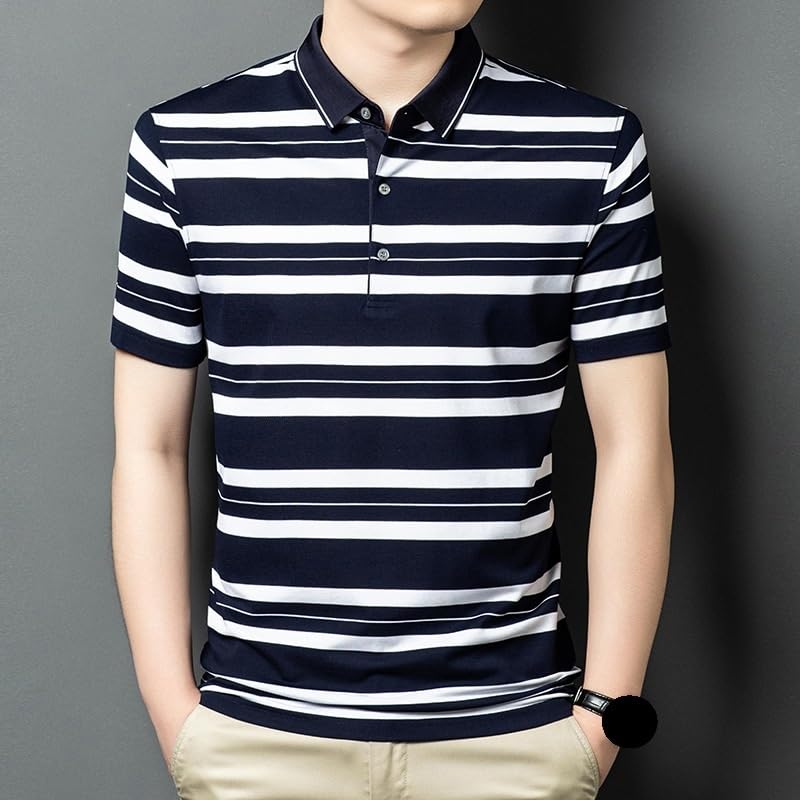 Mens Silk Short Sleeve Polo Shirts Summer Non Iron Striped Business Casual Collared T Shirt(XX-Large) Blue