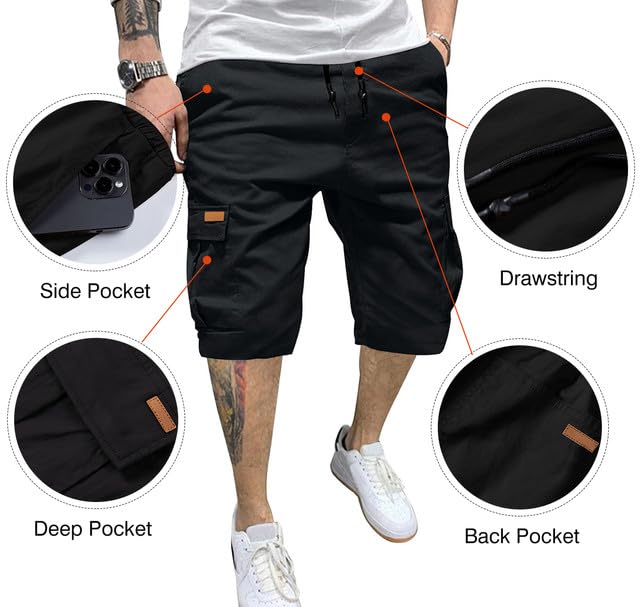 JMIERR Mens Casual Twill Cargo Shorts Cotton Drawstring Classic Cargo Chino Stretch Short with 6 Pockets for Men, US40(2XL), A Black
