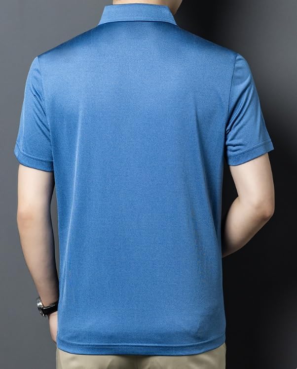 Mens Silk Short Sleeve Polo Shirts Loose Fit Solid Color Collared Satin Business Casual T Shirt(X-Large) Blue