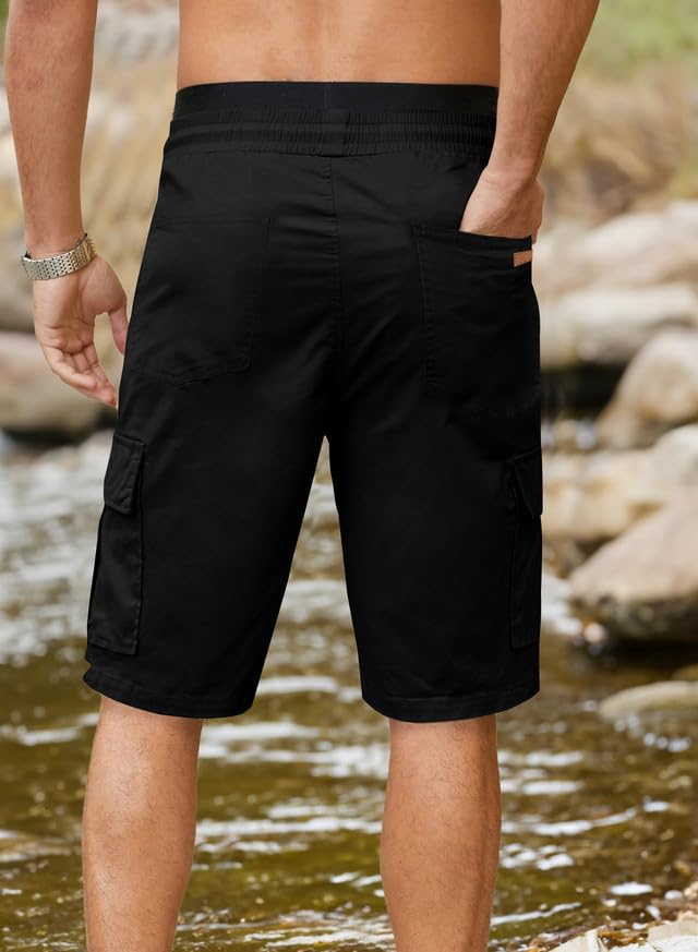 JMIERR Mens Casual Twill Cargo Shorts Cotton Drawstring Classic Cargo Chino Stretch Short with 6 Pockets for Men, US40(2XL), A Black