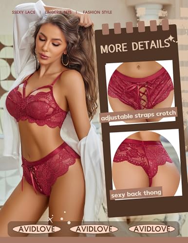 Avidlove Sexy Lingerie Set for Women Lace Bra and Panty Sets 2 Piece Outfit Underwear Wine Red