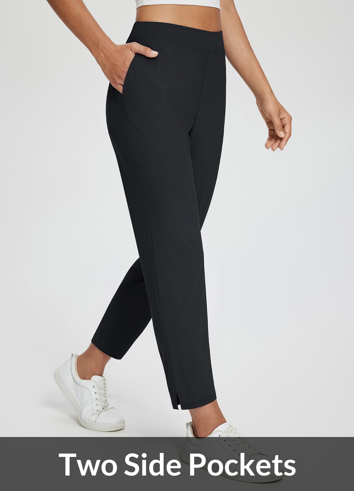 baleaf Womens Travel Pants Petite Stretch with Zipper Pockets Golf Ankle Dress Work Business Casual Slacks Teacher Black M