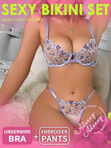 ADSEXY Sexy Lingerie for Women Embroidery Floral Mesh Sheer Bra and Panty Sets Push Up Lace Bralette 2 Piece Lingerie Set Light Purple