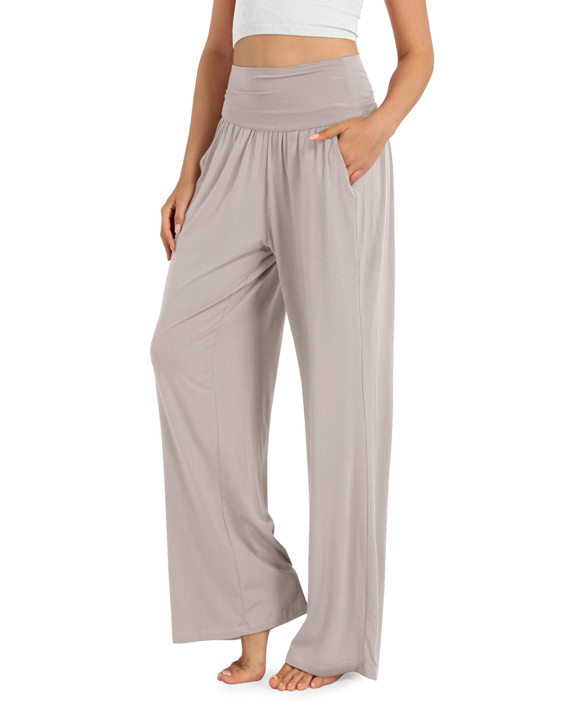 ODODOS Women's Wide Leg Palazzo Lounge Pants with Pockets Light Weight Loose Comfy Casual Pajama Pants-30 inseam, Light Beige, XX-Large