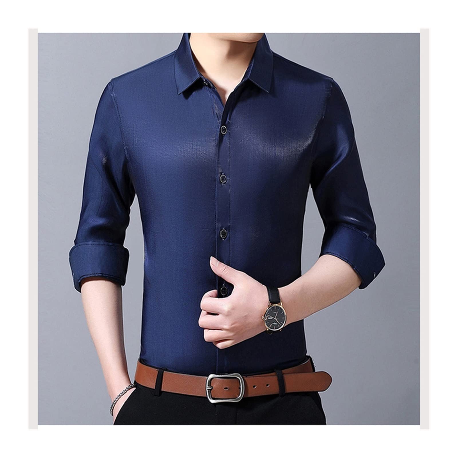 Satin Shirts Mens Ice Silk Shirts for MensShirt Light Long Sleeves Dresses Blouses Large Size(E,2XL)