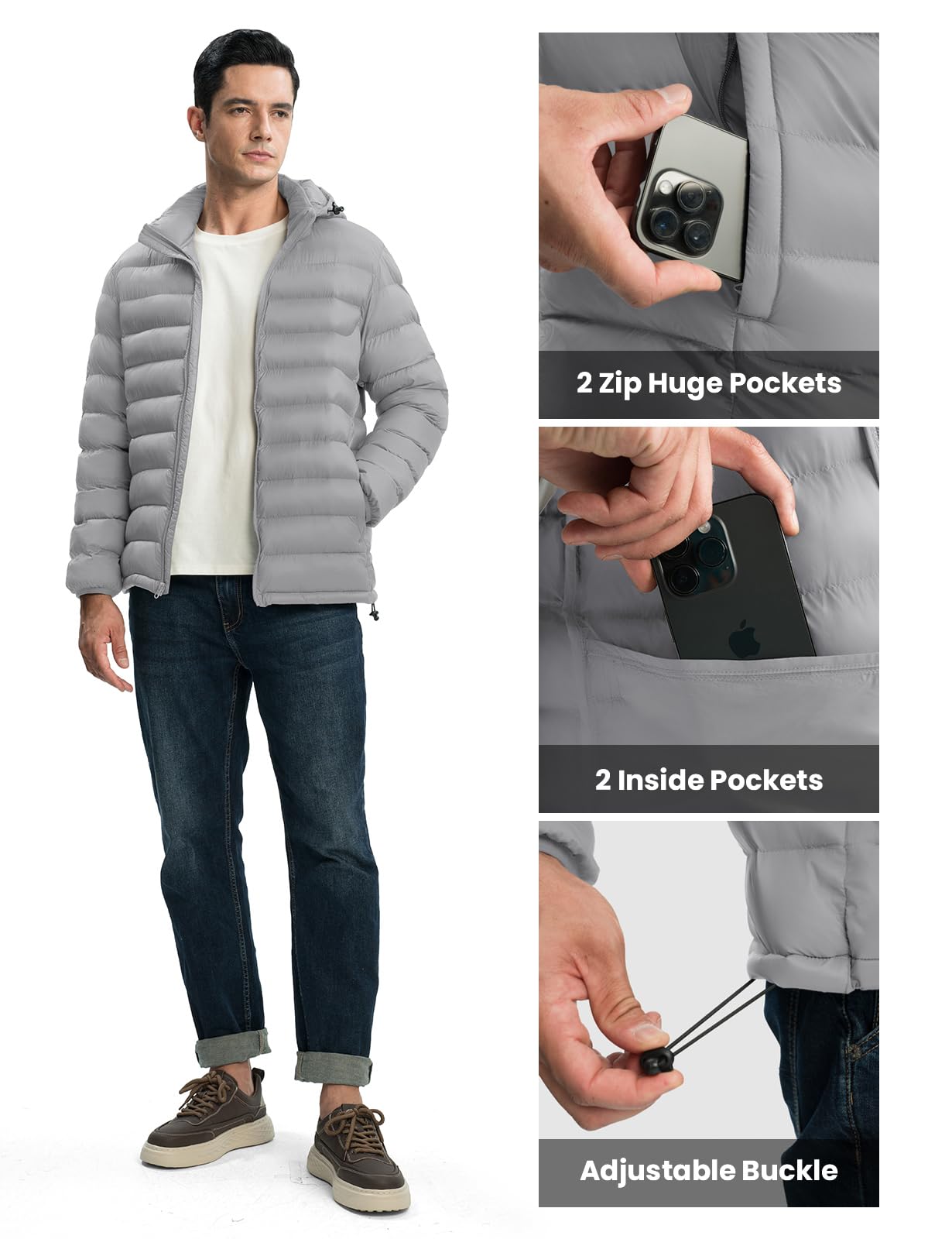 TBMPOY Men's Lightweight Puffer Down Jackets Detachable Hood Water-Resistant Winter Coat Hooded Insulated for Travel Ski Light Grey L