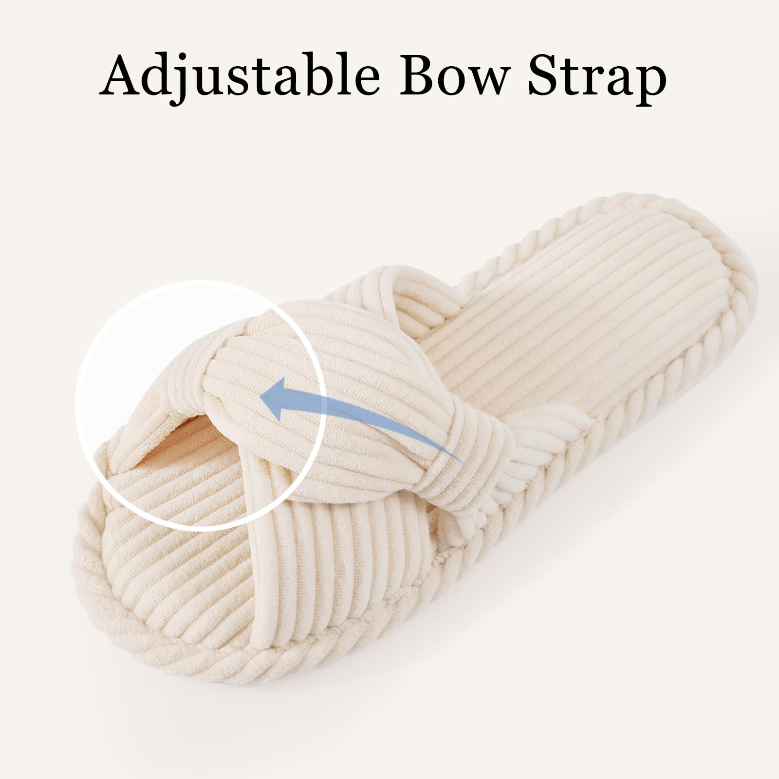Evshine Summer House Slippers for Women Corduroy Cross Bow Indoor Slippers Open Toe Slip On Bedroom Shoes with Memory Foam, Beige 270 (Size 8-9)