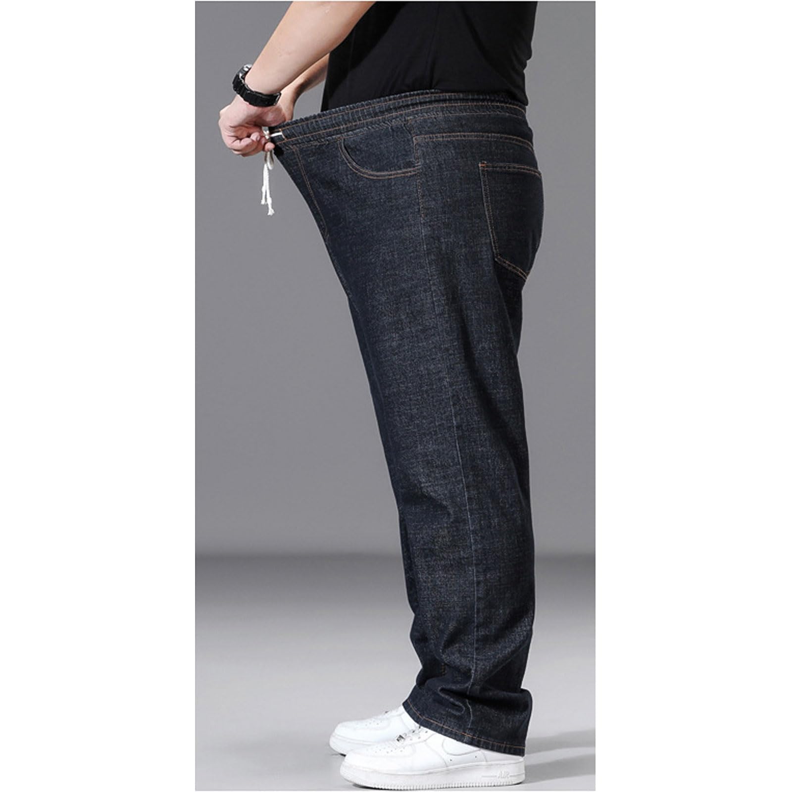 Plus Size Baggy Jeans for Men Elastic Waist Pull On Denim Pants Drawstring Straight Loose Jean Sweatpants L-5XL Black