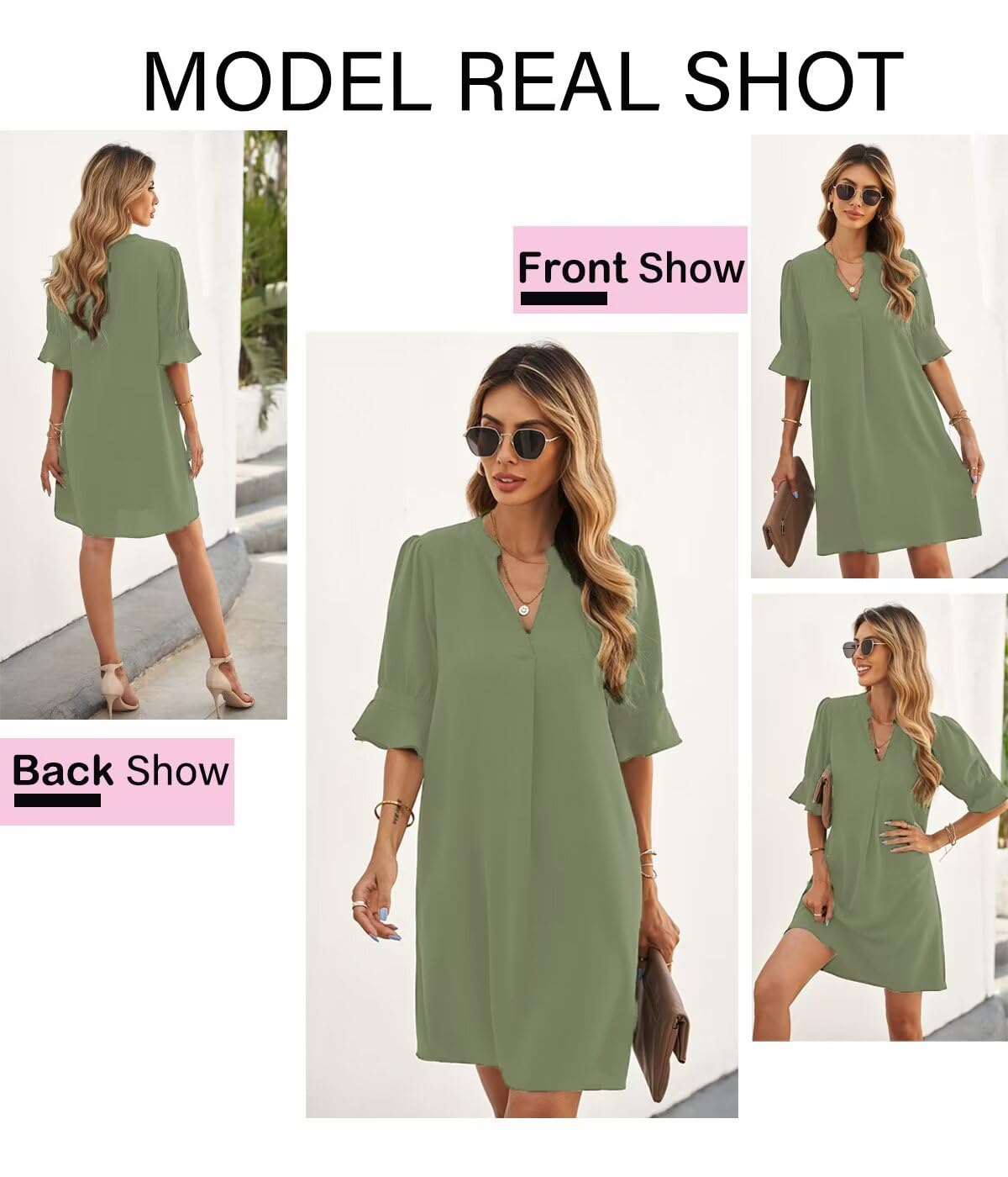 Wkior Short Sleeve Dress for Women V Neck Casual Loose Flowy Swing Shift Dresses Light Green XL