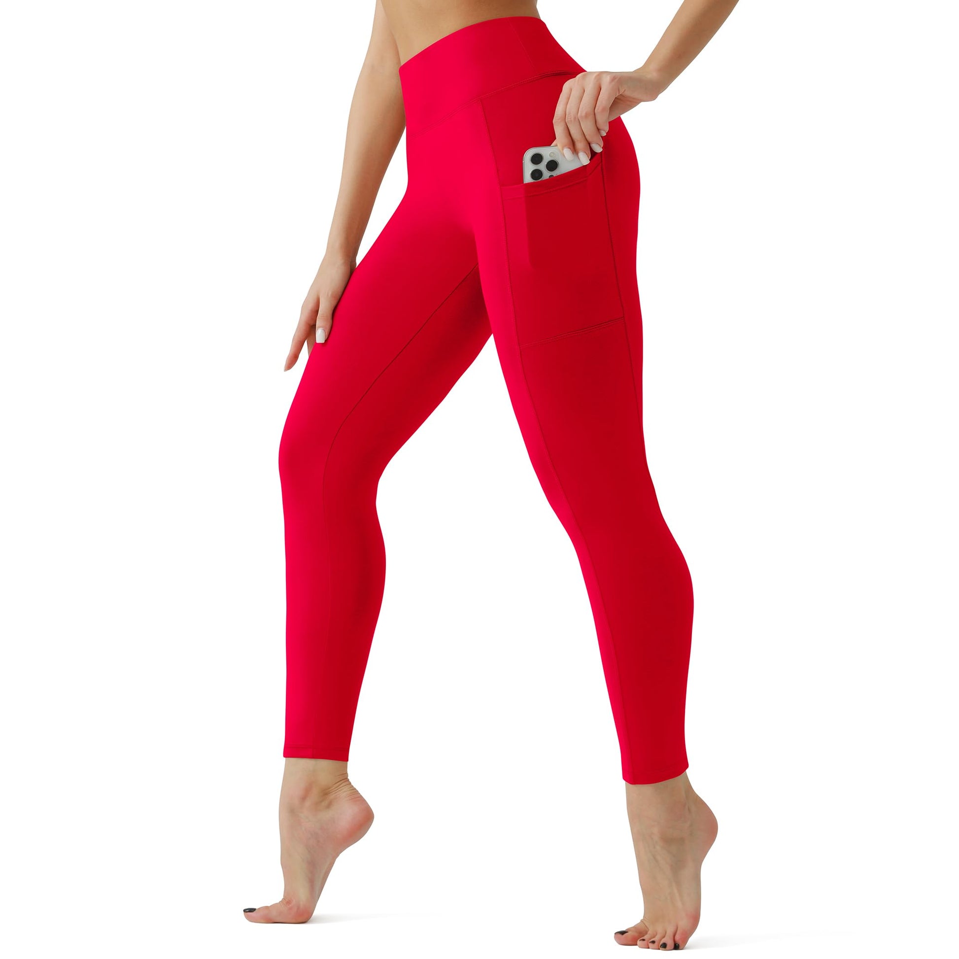 SUNCLOVE Leggings with Pockets for Women High Waisted Tummy Control Yoga Pants Gym Workout Running Leggings Red