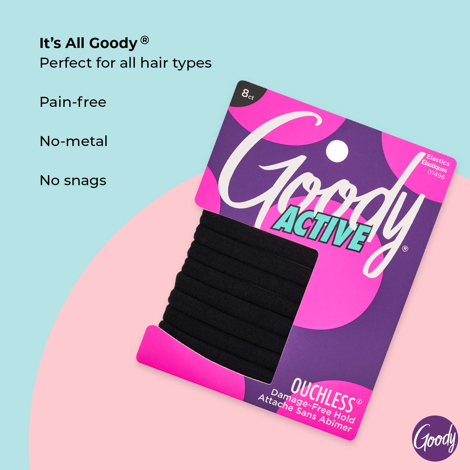 Goody Ouchless Seamless Hair Elastics, 8 Ct, Black, Damage-Free Gentle Hold Elastic Ties, No Snag or Pull, For All Occasions, Chic Styling Accessories for Women & Men, All Hair Types