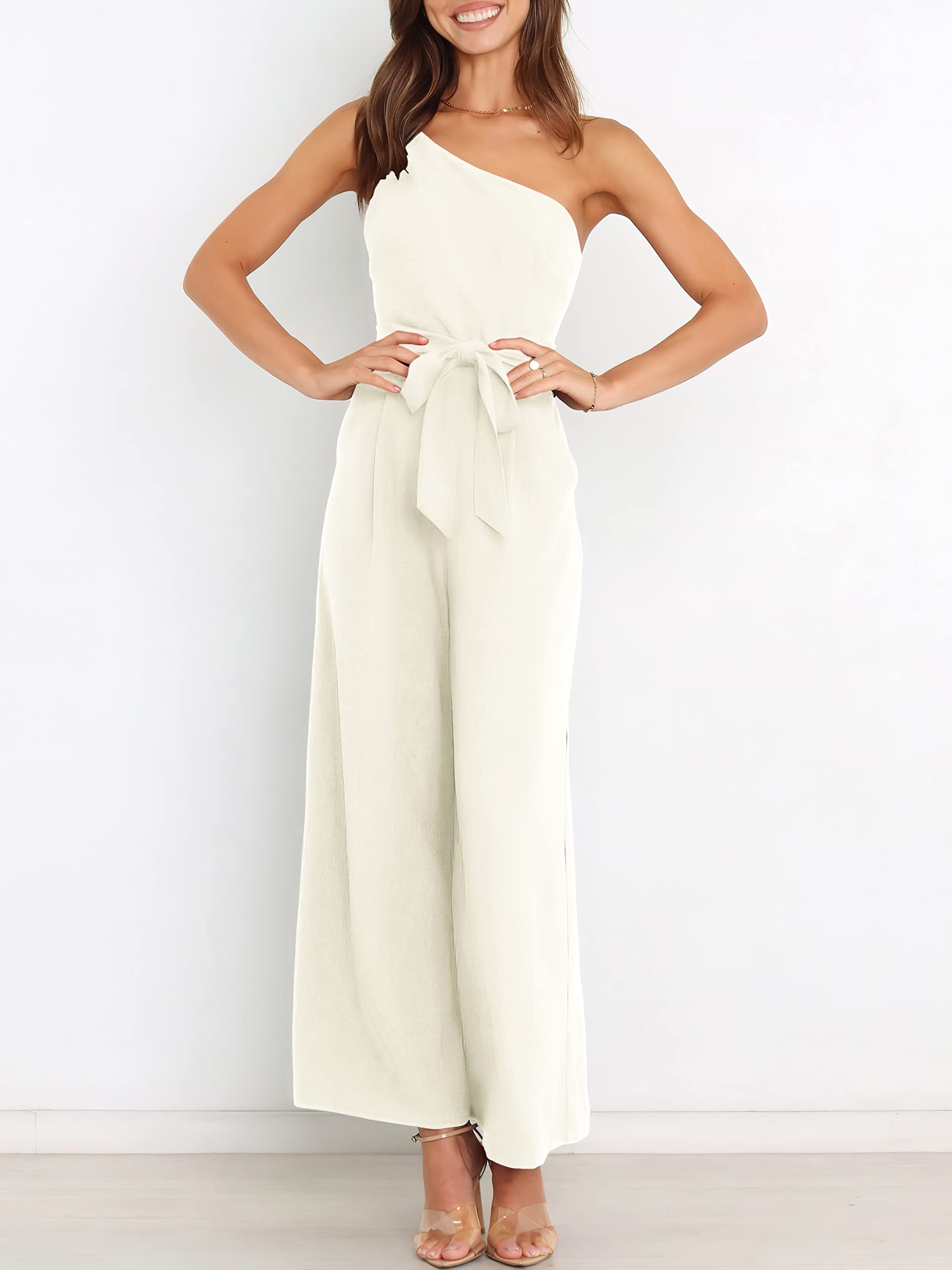 ANRABESS Women Summer Dressy Jumpsuits One Shoulder Sleeveless Casual Wide Leg Pants Romper Jumper 2025 Trendy Fall Outfits White Small