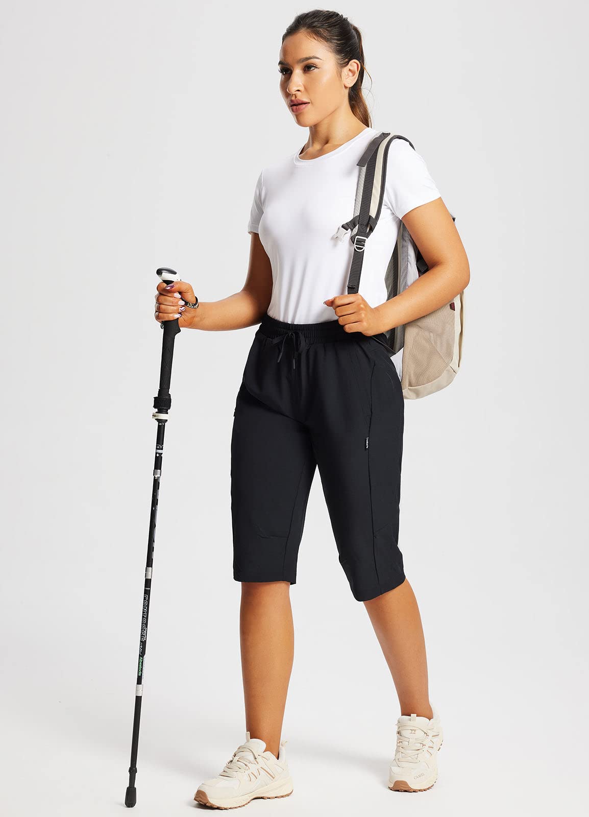 baleaf Women's 15" Hiking Shorts Long Bernuda Cargo Below The Knee Capris Lightweight Quick Dry Elastic Waist for Casual Black L
