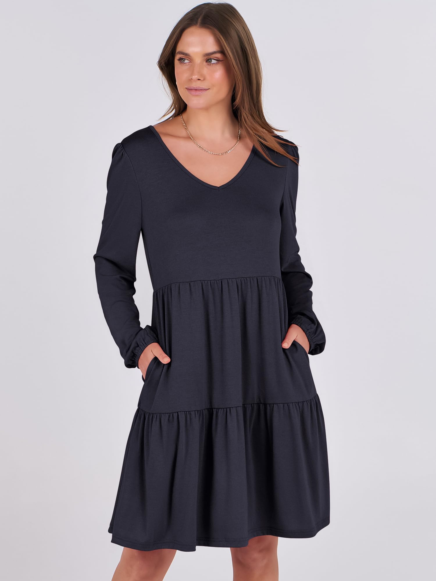 ANRABESS Womens Long Sleeve Dress 2025 Fall Casual V Neck Tiered Flowy Short Dresses Beach Travel Vacation Outfits Navy Blue Large