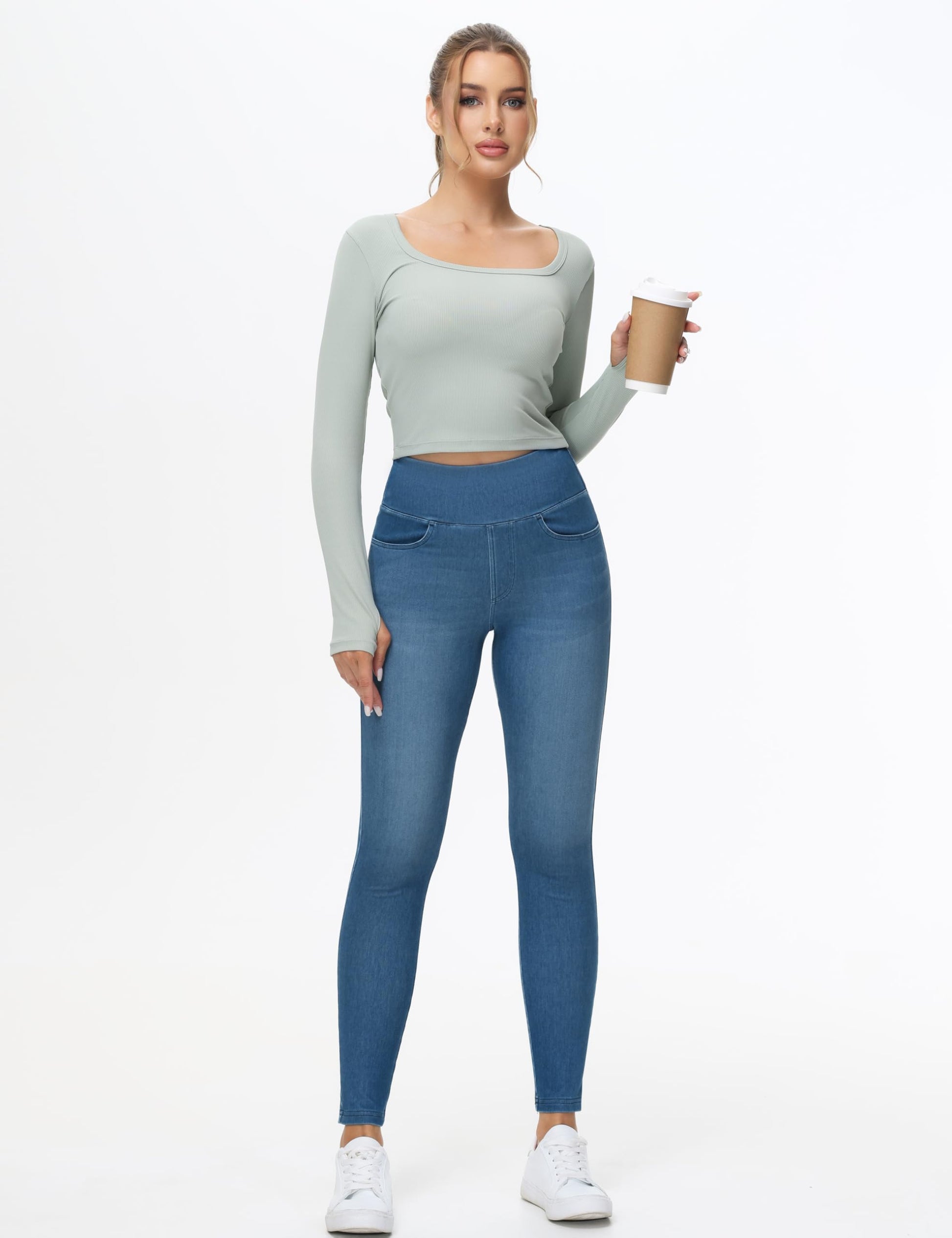 THE GYM PEOPLE Women's High Waisted Jeggings Pants Stretchy Tummy Control Skinny Jean Leggings with Pockets Denim Blue