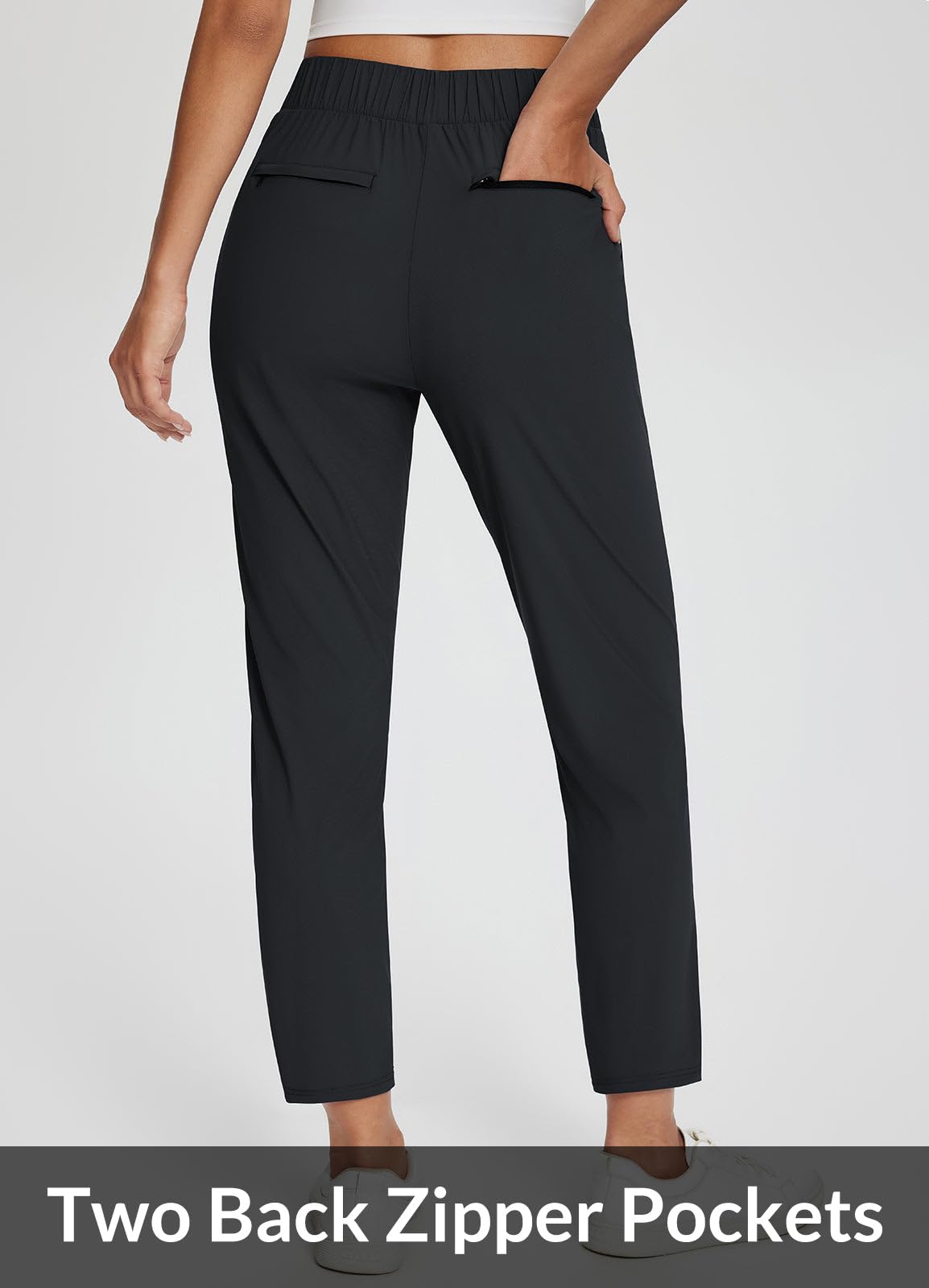 baleaf Womens Travel Pants Petite Stretch with Zipper Pockets Golf Ankle Dress Work Business Casual Slacks Teacher Black M