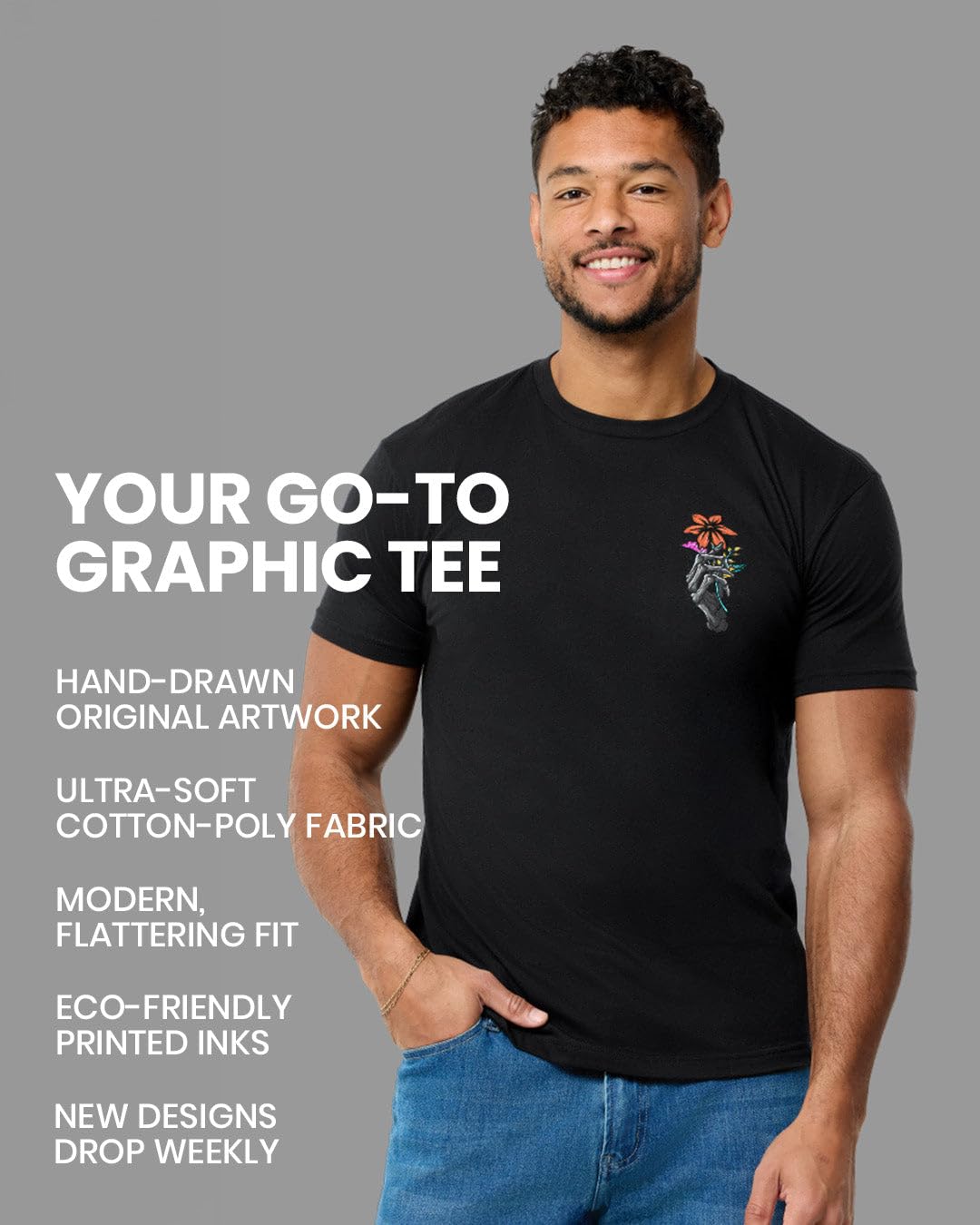 INTO THE AM Universal Love Glow in The Dark Graphic Tee for Men - Short Sleeve Design T-Shirts (Black, Large)