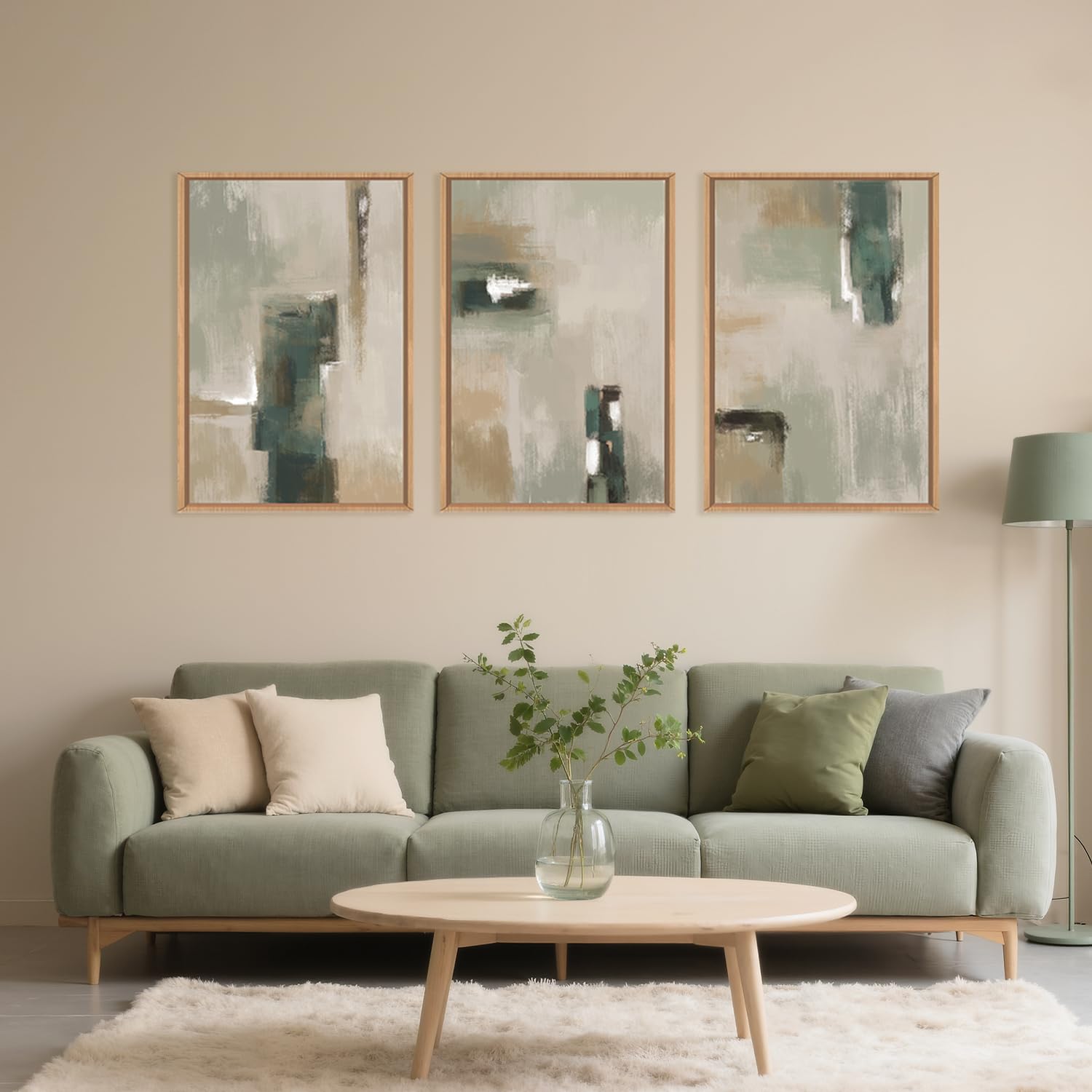 BICERE Large Abstract Green Brown Framed Canvas Wall Art,Modern Brush Stoke Wall Decor,Neutral Beige Grey Wall Painting,Rustic Minimalist Artwork for Living Room,Bedroom,Dining Room,Office -16"x24"x3