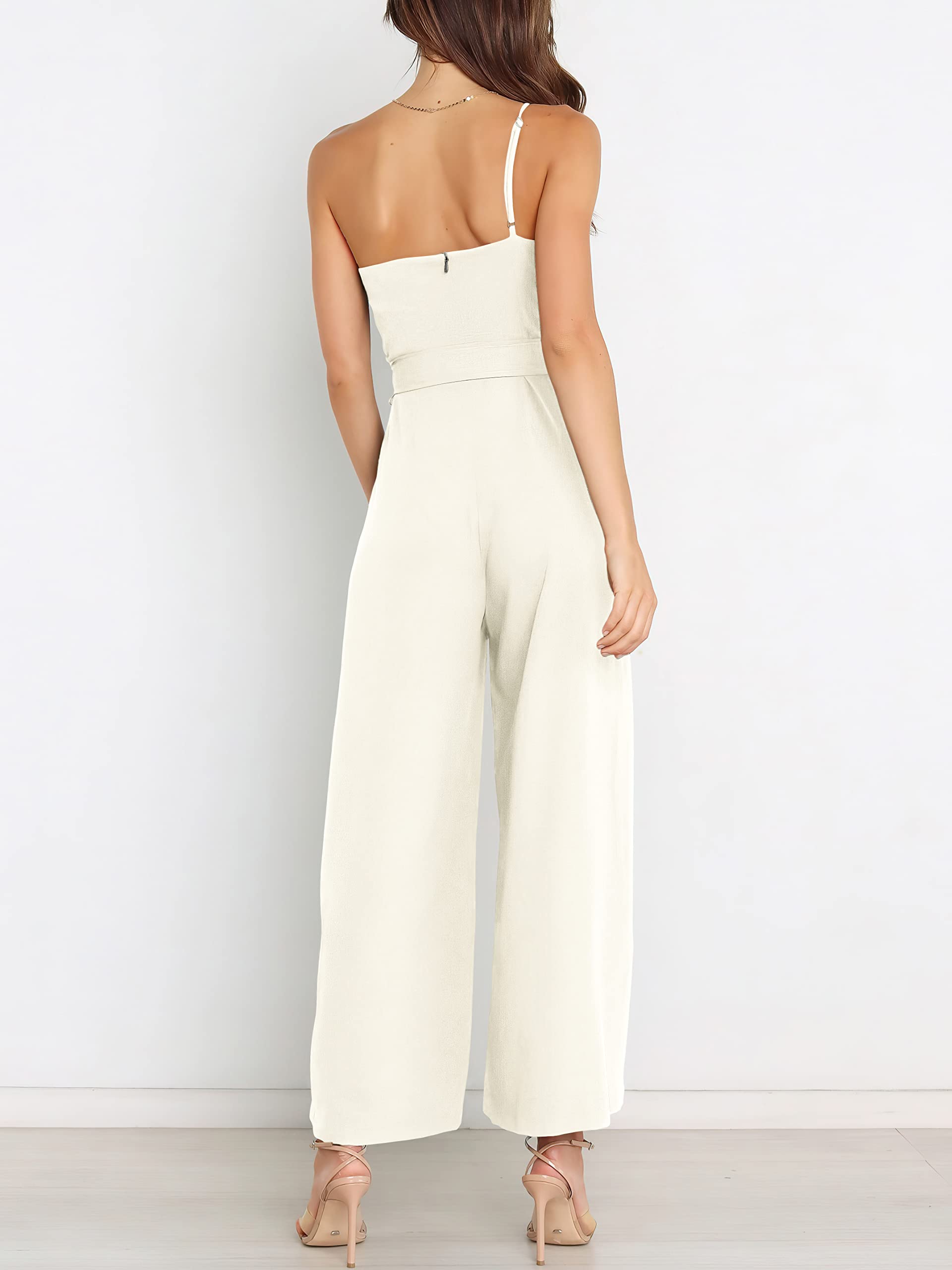 ANRABESS Women Summer Dressy Jumpsuits One Shoulder Sleeveless Casual Wide Leg Pants Romper Jumper 2025 Trendy Fall Outfits White Small