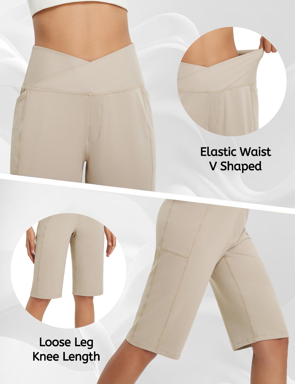 baleaf Women's Bermuda Long Shorts 14" Knee Length Capri Pants High Waisted Athletic Shorts with Pockets Summer Casual Khaki M