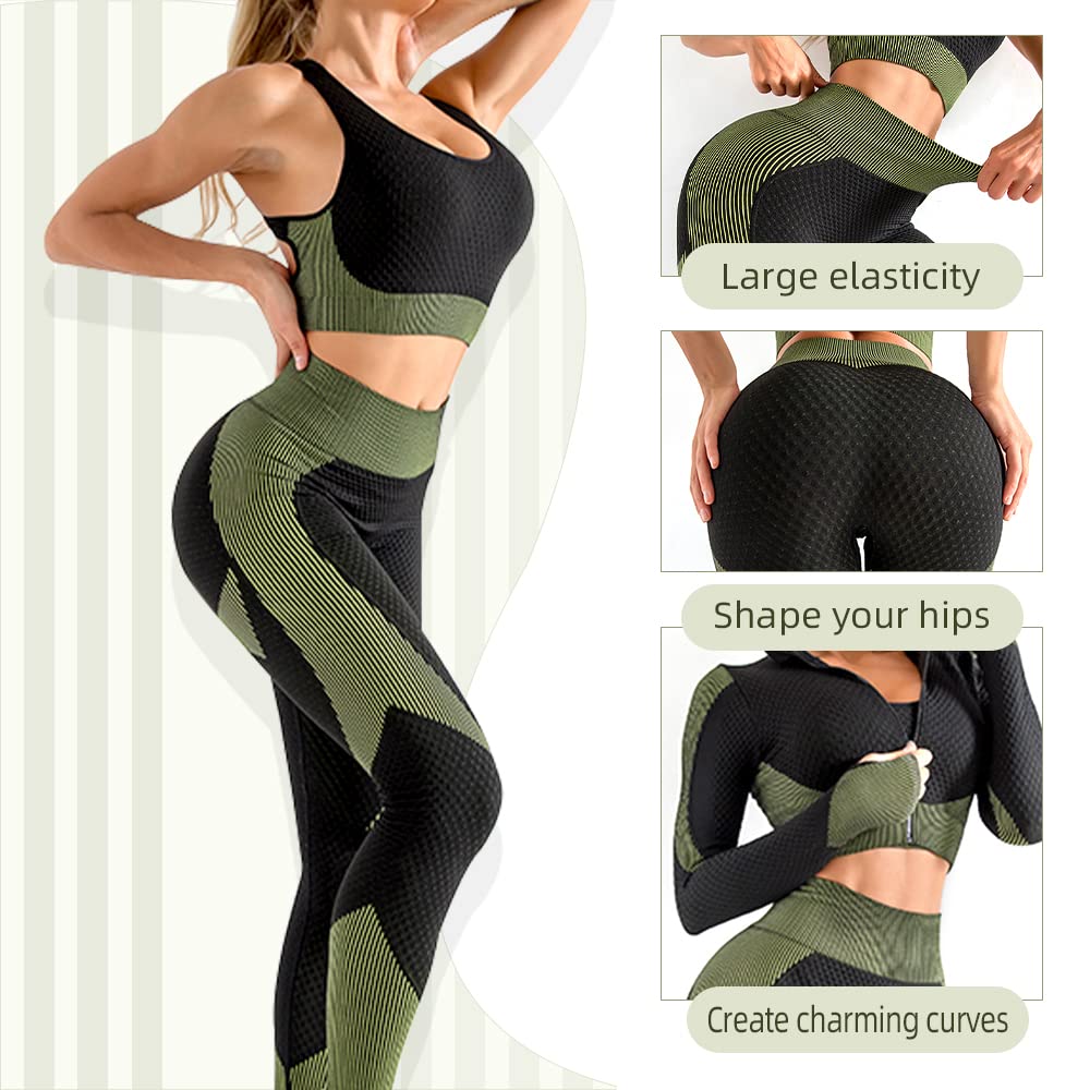 SINBRLAI Women's 3pcs Seamless Workout Outfits Sets, Yoga Sportswear Tracksuit Leggings and Stretch Sports Bra Fitness